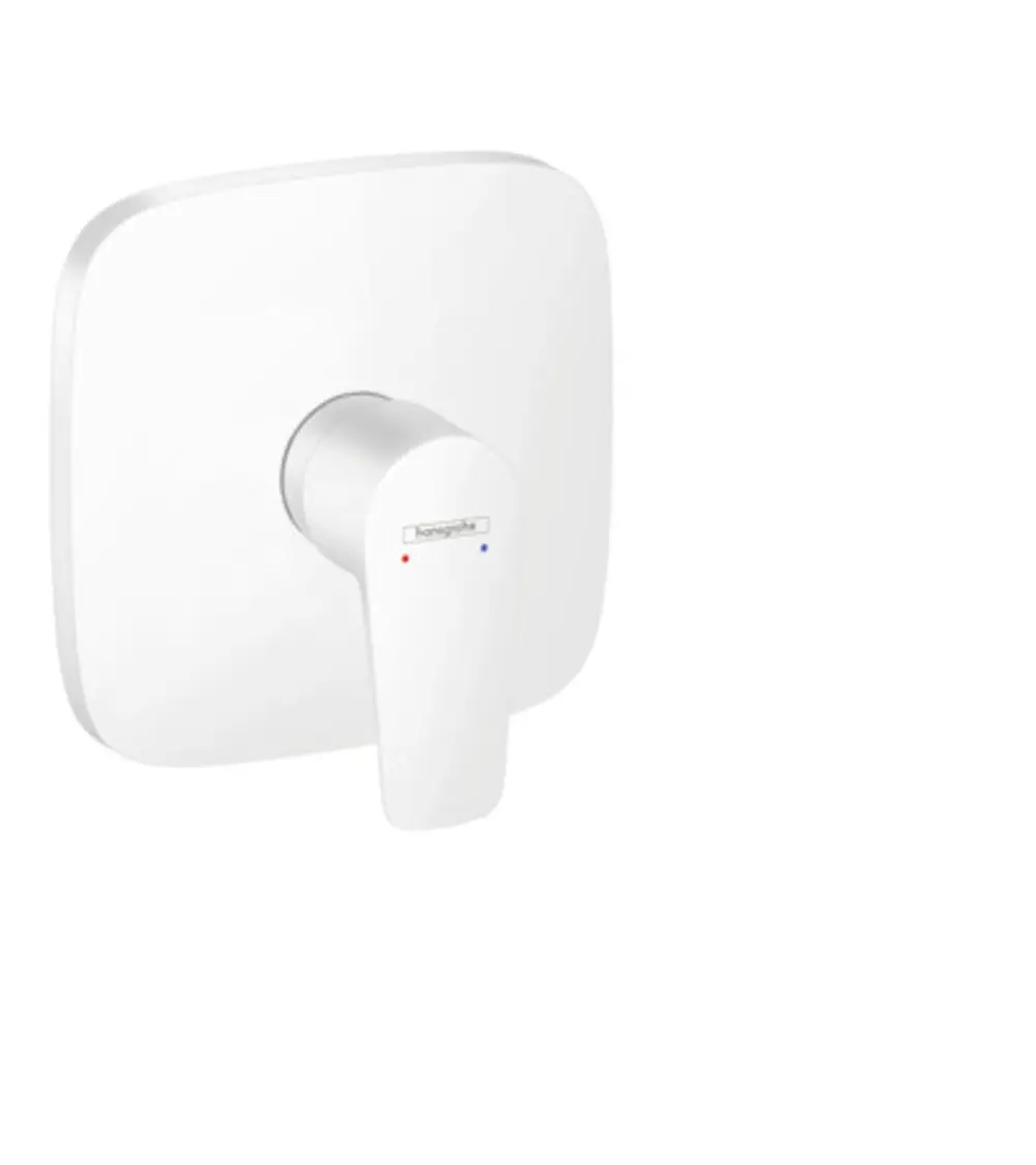 Weißer Unterputz-Brausemischer von Hansgrohe mit einem Hebel und farbigen Indikatoren für kaltes und warmes Wasser auf quadratischer Plattfläche.
